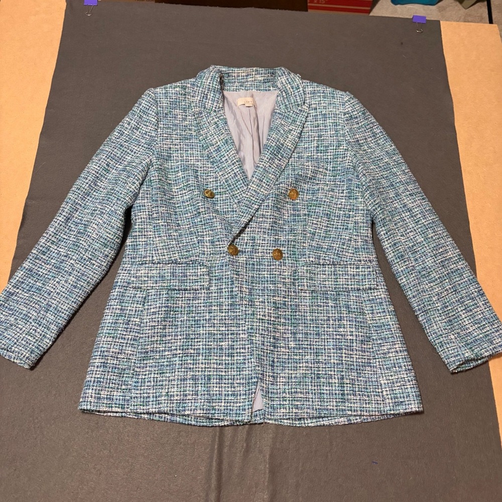 LOFT Double Breasted Blazer Women 10 Blue Tweed Jacket Preppy Boyfriend Core